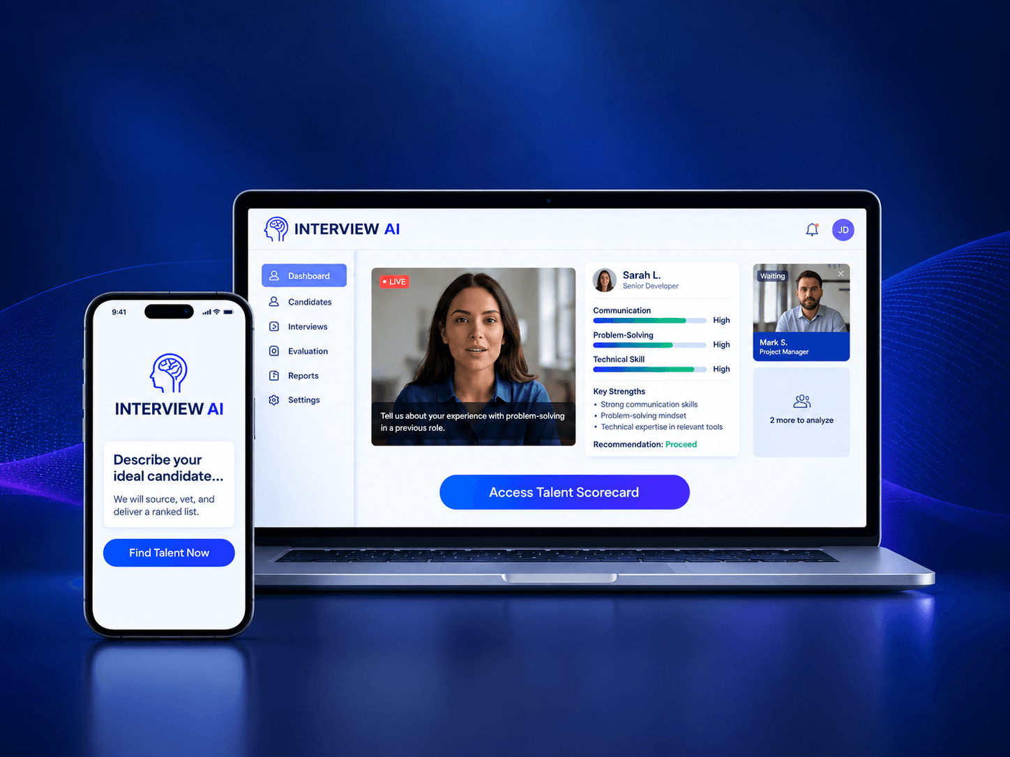 AI Interviewer platform interface showing candidate analysis and scoring