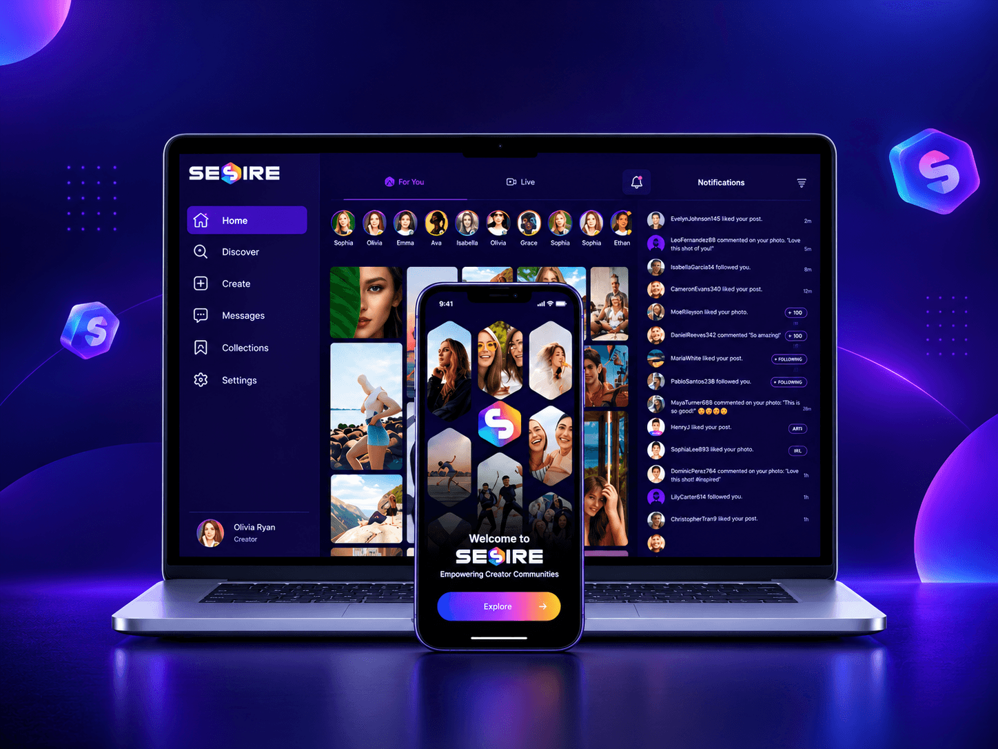 SESIRE creator content and monetization platform interface